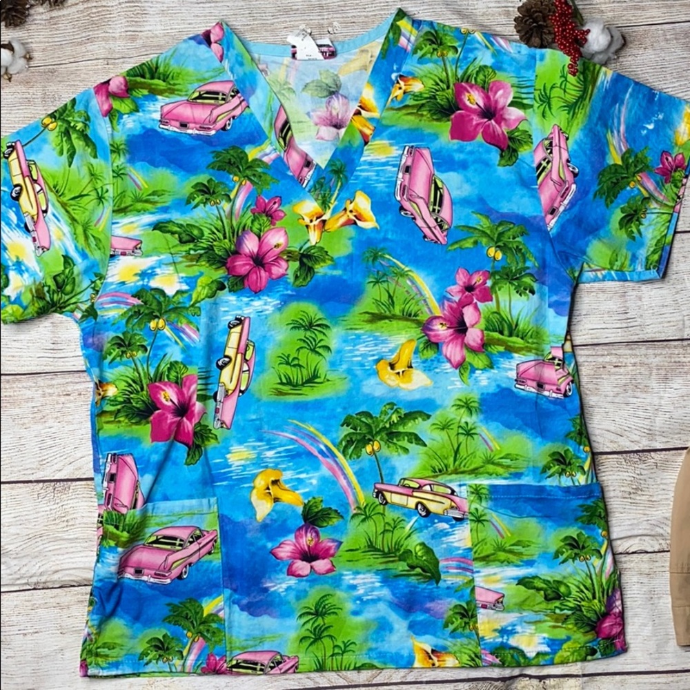 Hibiscus and pink Cadillac convertible Scrub Top 🌺